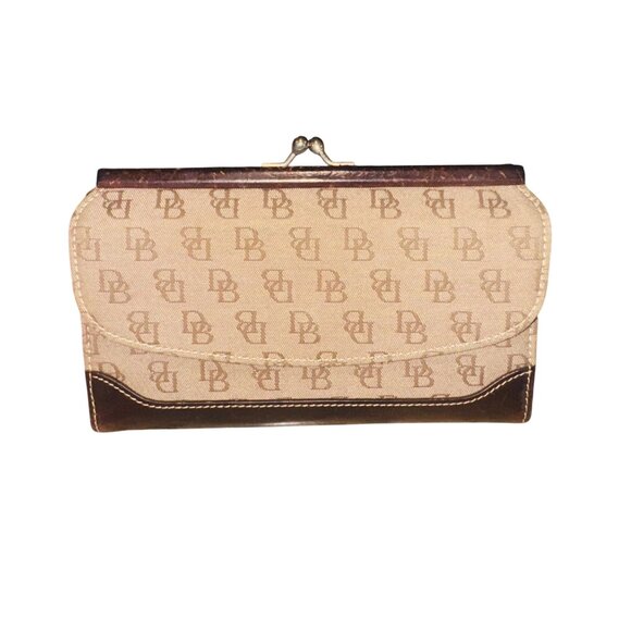 Vintage Dooney & Bourke Brown Leather Canvas Tri Fold Wallet Y2K Preppy Classic - Picture 1 of 6